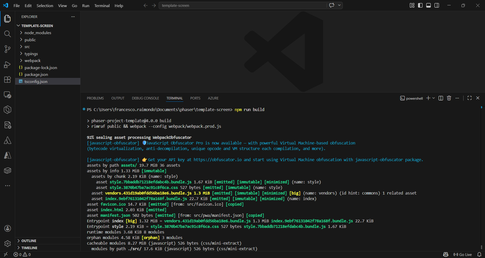 Esecuzione npm run build